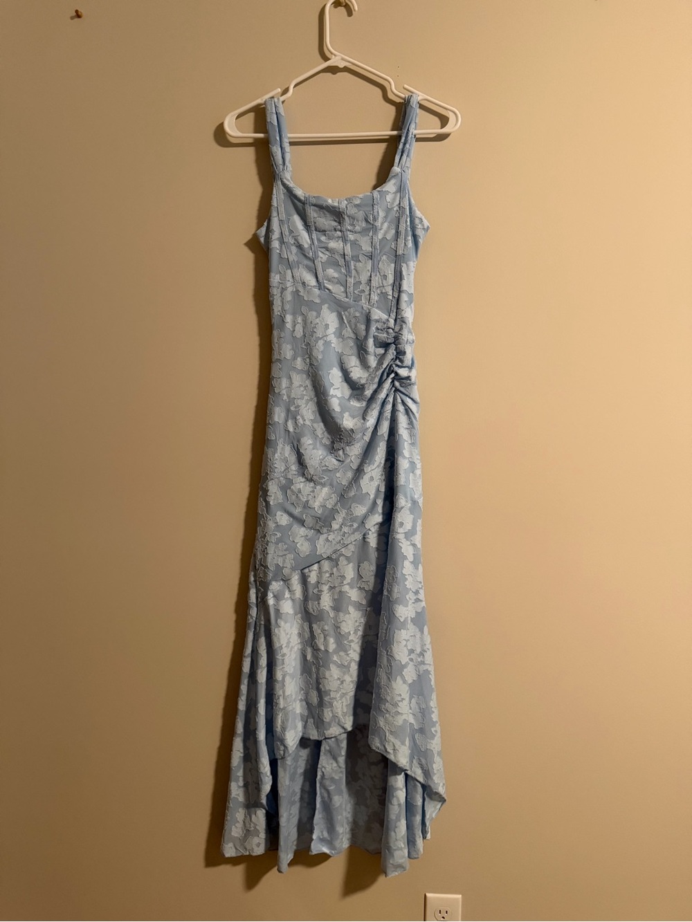 Light Blue Floral Ruched Midi Dress